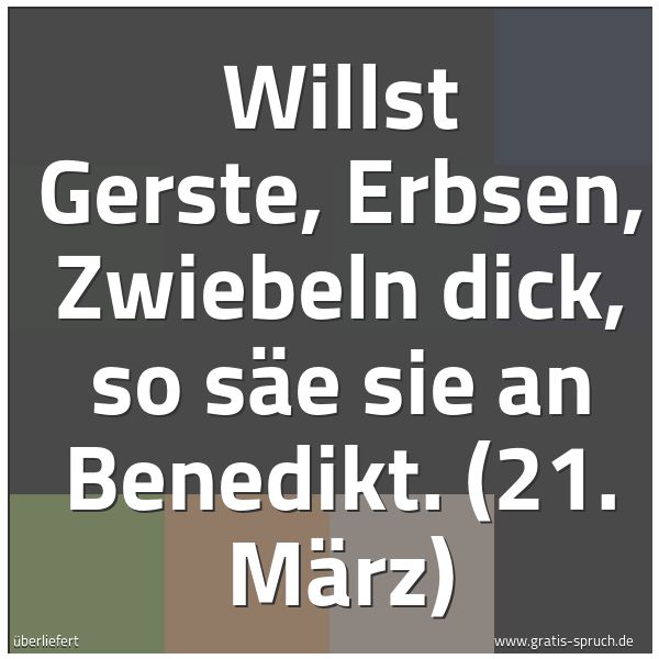 Quadratisches Spruchbild: Willst Gerste, Erbsen, Zwiebeln dick, so säe sie an Benedikt. (21. März)