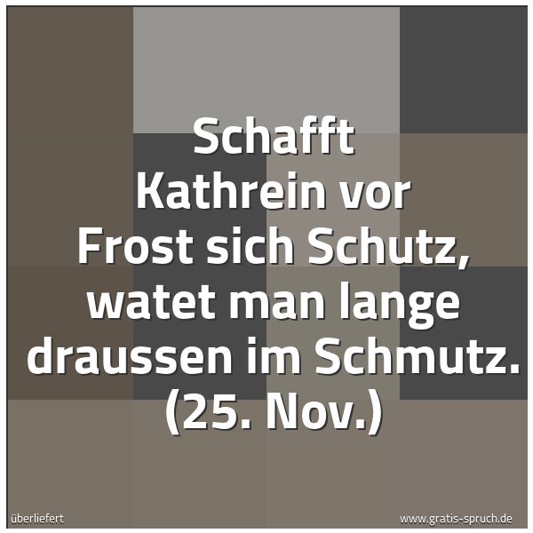 Quadratisches Spruchbild: Schafft Kathrein vor Frost sich Schutz, watet man lange draussen im Schmutz. (25. Nov.)