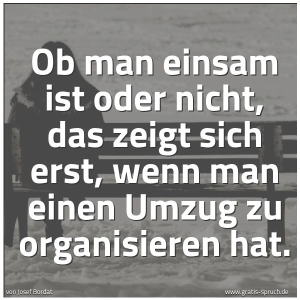 Quadratisches Spruchbild: Ob man einsam ist oder nicht, das zeigt sich erst, wenn man einen Umzug zu organisieren ha …
