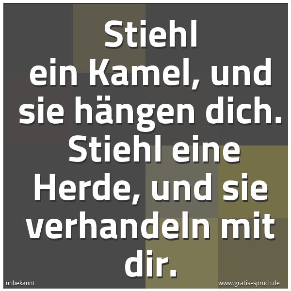 Quadratisches Spruchbild: Stiehl ein Kamel, und sie hängen dich.  Stiehl eine Herde, und sie verhandeln mit dir.