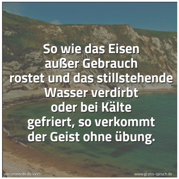 Quadratisches Spruchbild: So wie das Eisen außer Gebrauch rostet und das stillstehende Wasser verdirbt oder bei Kält …