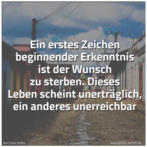 Quadratisches Spruchbild: Ein erstes Zeichen beginnender Erkenntnis ist der Wunsch zu sterben. Dieses Leben scheint  …