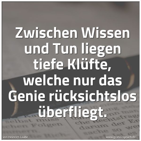 Quadratisches Spruchbild: Zwischen Wissen und Tun liegen tiefe Klüfte, welche nur das Genie rücksichtslos überfliegt …