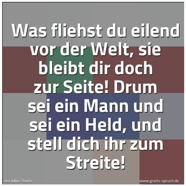 Quadratisches Spruchbild: Was fliehst du eilend vor der Welt, sie bleibt dir doch zur Seite! Drum sei ein Mann und s …