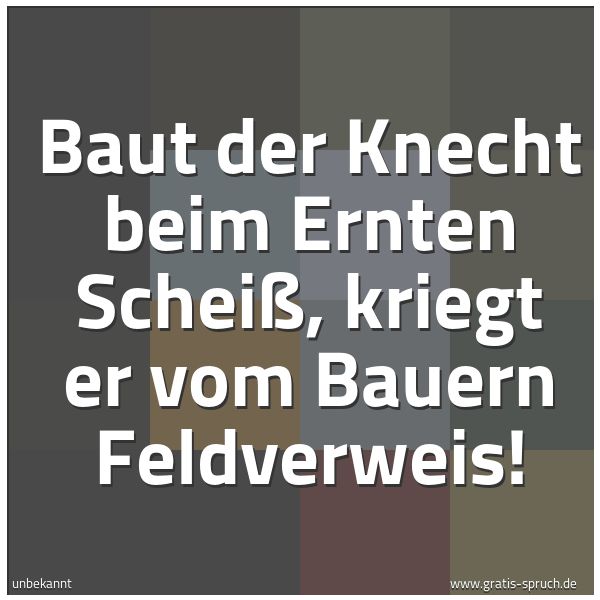 Quadratisches Spruchbild: Baut der Knecht beim Ernten Scheiß, kriegt er vom Bauern Feldverweis!