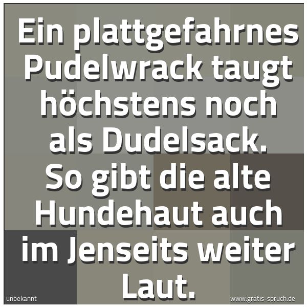 Quadratisches Spruchbild: Ein plattgefahrnes Pudelwrack taugt höchstens noch als Dudelsack. So gibt die alte Hundeha …