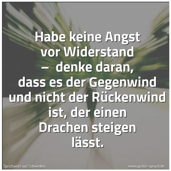 Quadratisches Spruchbild: Habe keine Angst vor Widerstand –  denke daran, dass es der Gegenwind und nicht der Rücken …