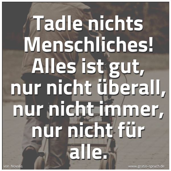 Quadratisches Spruchbild: Tadle nichts Menschliches! Alles ist gut, nur nicht überall, nur nicht immer, nur nicht fü …