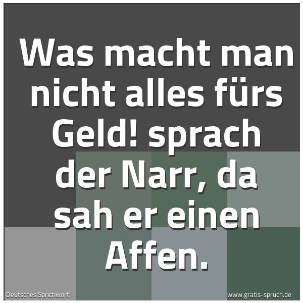 Quadratisches Spruchbild: Was macht man nicht alles fürs Geld! sprach der Narr, da sah er einen Affen.