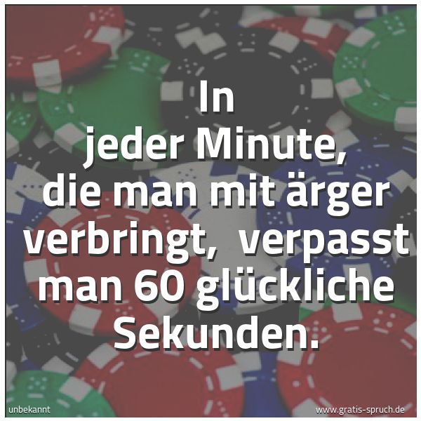 Quadratisches Spruchbild: In jeder Minute, die man mit Ärger verbringt,  verpasst man 60 glückliche Sekunden.