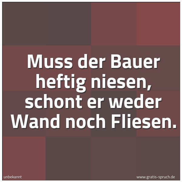 Quadratisches Spruchbild: Muss der Bauer heftig niesen, schont er weder Wand noch Fliesen.