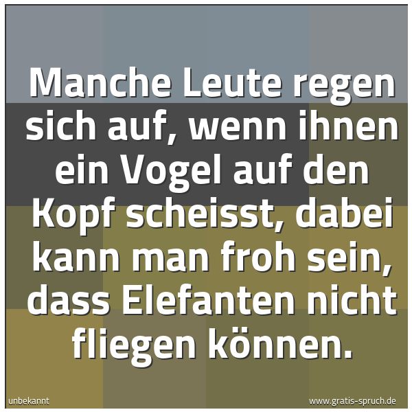 Quadratisches Spruchbild: Manche Leute regen sich auf, wenn ihnen ein Vogel auf den Kopf scheißt, dabei kann man fro …