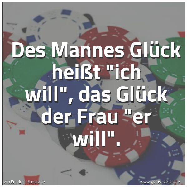 Quadratisches Spruchbild: Des Mannes Glück heißt "ich will", das Glück der Frau "er will".