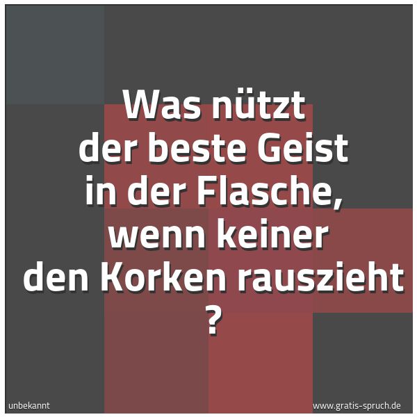 Quadratisches Spruchbild: Was nützt der beste Geist in der Flasche,  wenn keiner den Korken rauszieht ?
