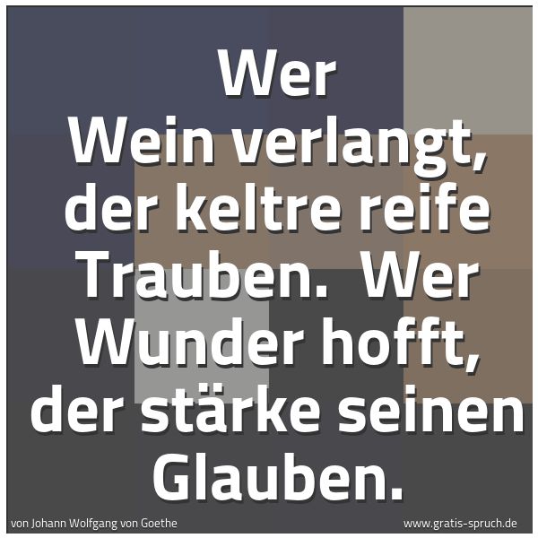 Quadratisches Spruchbild: Wer Wein verlangt, der keltre reife Trauben.  Wer Wunder hofft, der stärke seinen Glauben.